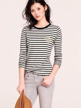 J. Crew Navy White Striped Artist Painter Tee With Jeweled Embellished Brooch